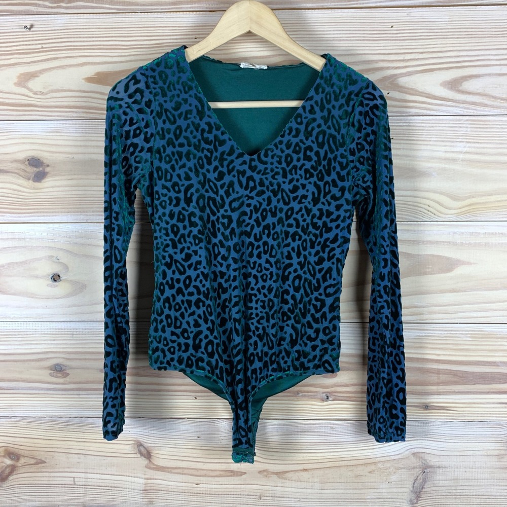 Ember Velvet Burnout Bodysuit Women Medium Leopard Flocked Sheer Long Sleeve Top